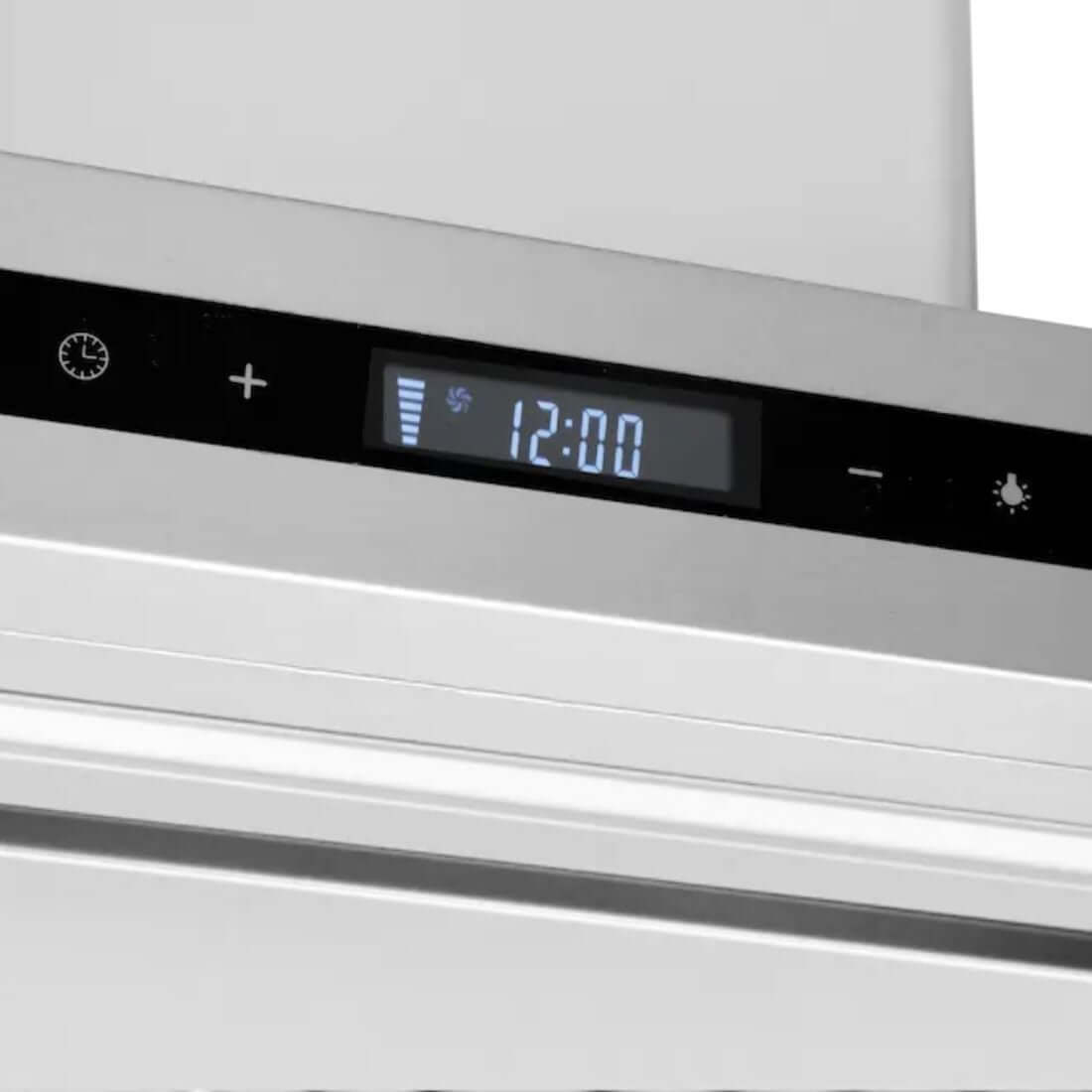  Coifa Evol Zeta de parede inox 90cm com painel digital mostrando 12:00 e ícones de controle