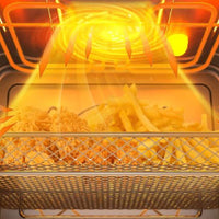 Forno Tecno Professional elétrico inox 67L com função air fryer assando frango empanado e batatas fritas