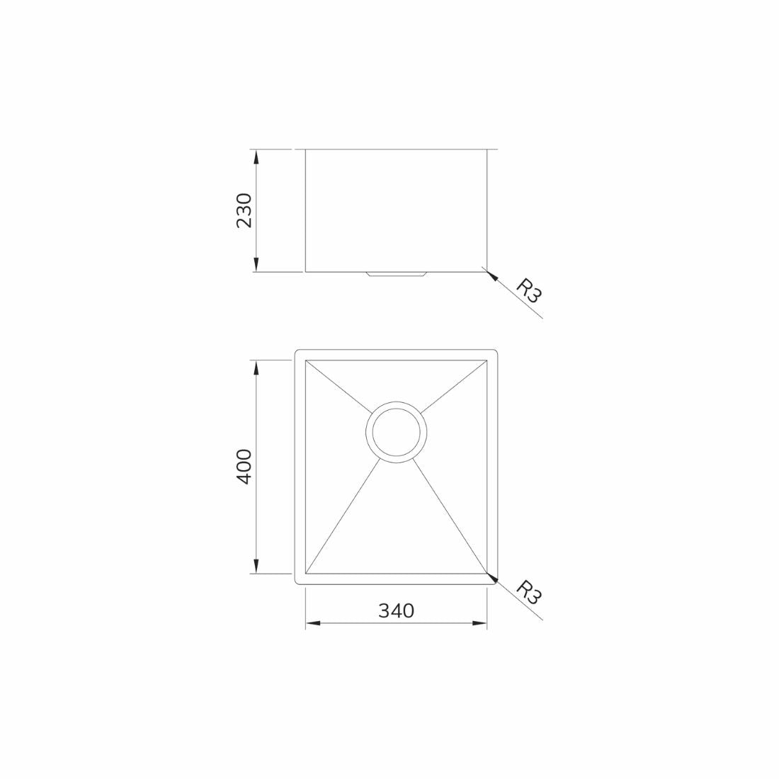  Cuba Mekal desenho técnico da cuba LR 34cm embutir em inox escovado com medidas 340x400x230mm e cantos R3