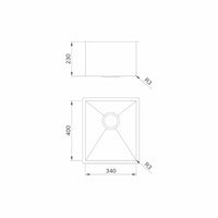  Cuba Mekal desenho técnico da cuba LR 34cm embutir em inox escovado com medidas 340x400x230mm e cantos R3
