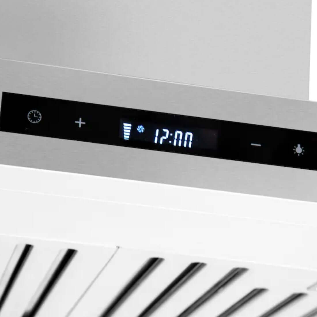 Coifa Evol de Ilha Delta painel touch com display digital 12:00 e botões de controle em aço inox escovado