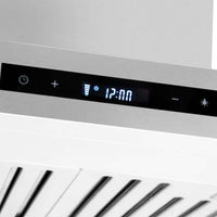 Coifa Evol de Ilha Delta painel touch com display digital 12:00 e botões de controle em aço inox escovado