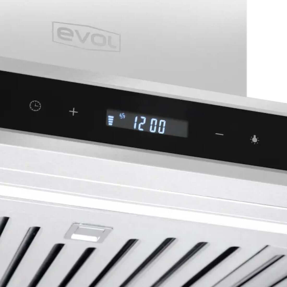Coifa Evol Sigma de Parede 90cm Inox com painel digital e vidro preto mostrando display 12:00 e filtros em aço