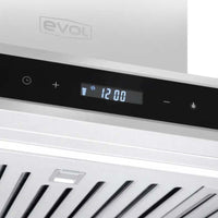 Coifa Evol Sigma de Parede 90cm Inox com painel digital e vidro preto mostrando display 12:00 e filtros em aço