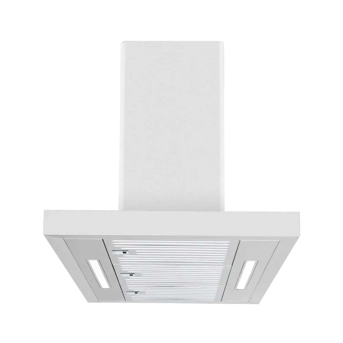 Coifa Evol de Ilha Sigma 90cm inox escovado com painel branco vista inferior, luzes LED e filtros metálicos