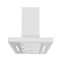 Coifa Evol de Ilha Sigma 90cm inox escovado com painel branco vista inferior, luzes LED e filtros metálicos