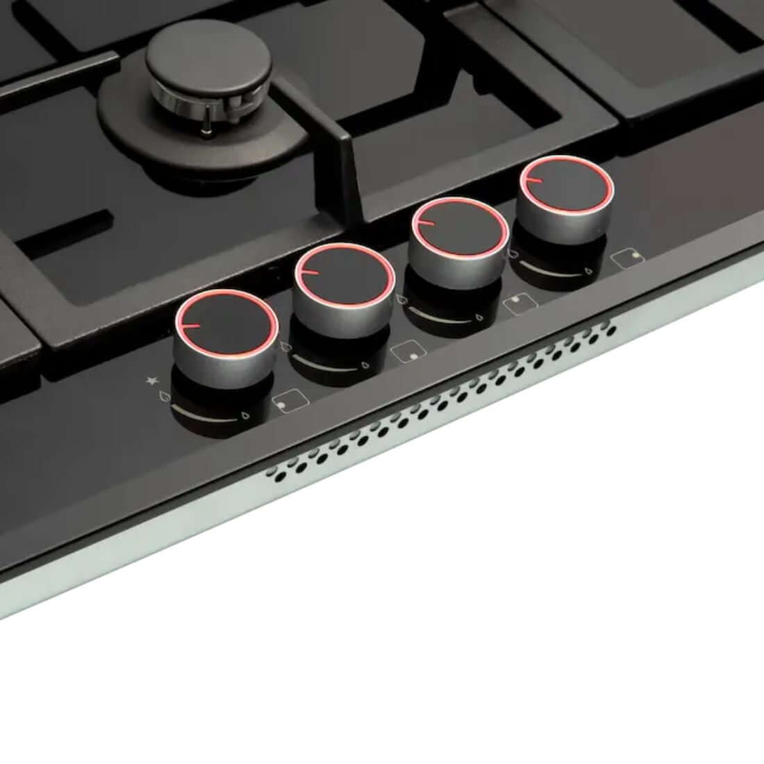 Alt Tag: Cooktop Evol a gás Black Glass 4 bocas vidro 90cm com botões cromados e superfície em vidro temperado preto