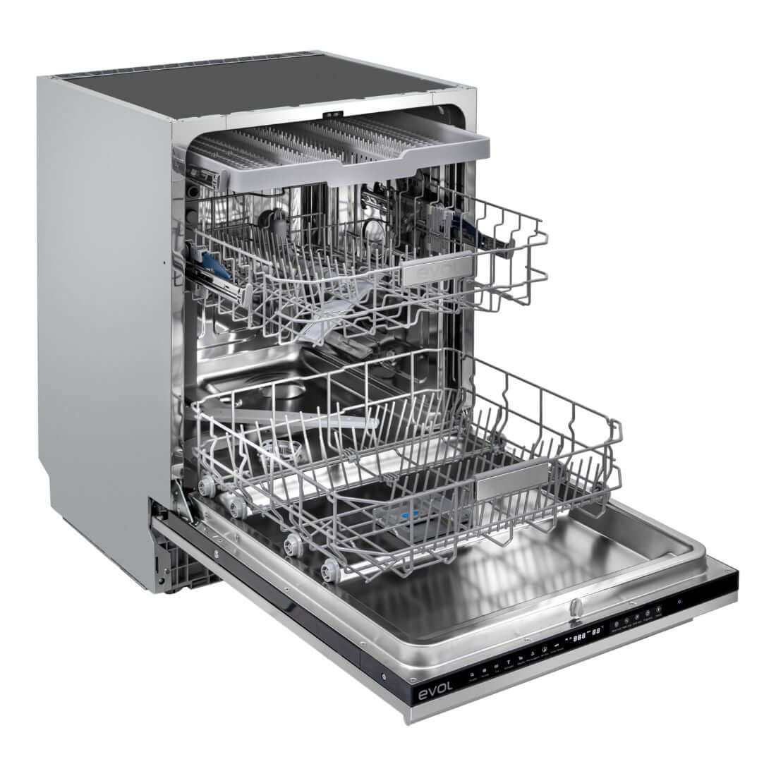 Lava-Louças Evol embutida 60cm porta para revestir com 3 cestos e 8 programas, inox e interior aberto