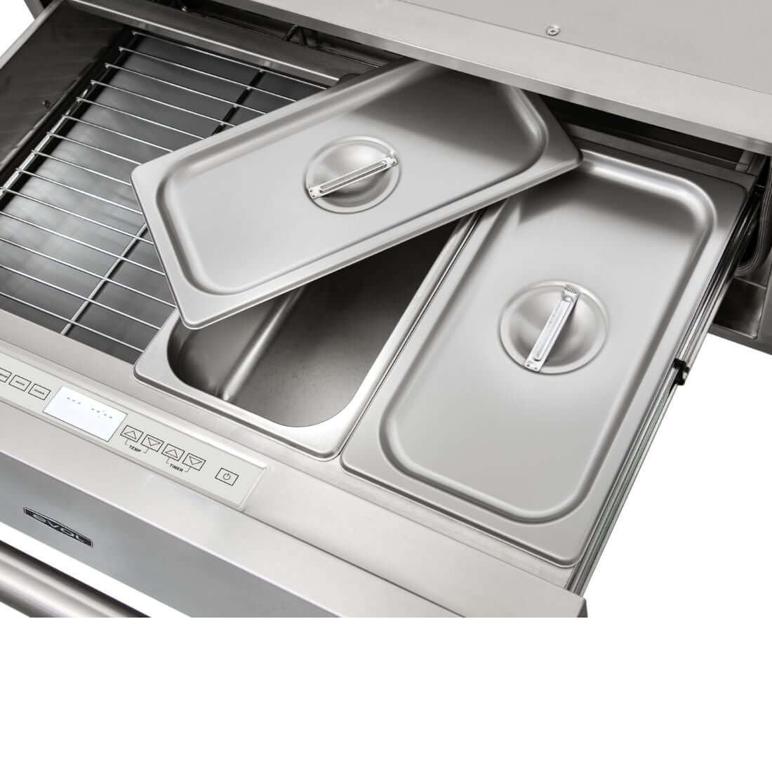 Gaveta Aquecida Evol com rechauds inox 76cm aberta mostrando rechauds e corrediças telescópicas