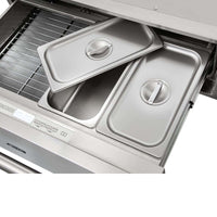 Gaveta Aquecida Evol com rechauds inox 76cm aberta mostrando rechauds e corrediças telescópicas