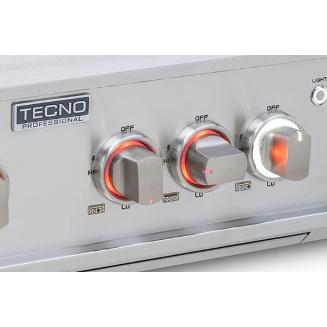 Churrasqueira Tecno a gás 4 queimadores inox 100cm painel de controle com botões iluminados e logo Tecno Professional