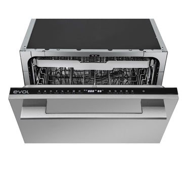 Painel de Inox Evol instalado na frente de lava-louças 60cm em aço inox 304, porta aberta mostrando interior