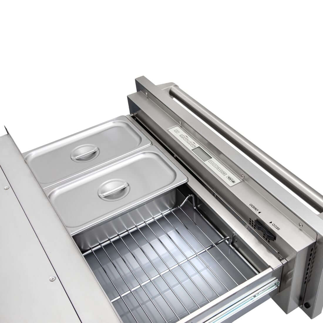 Gaveta Aquecida Evol com Rechaud inox 76cm aberta mostrando rechauds e corrediças telescópicas