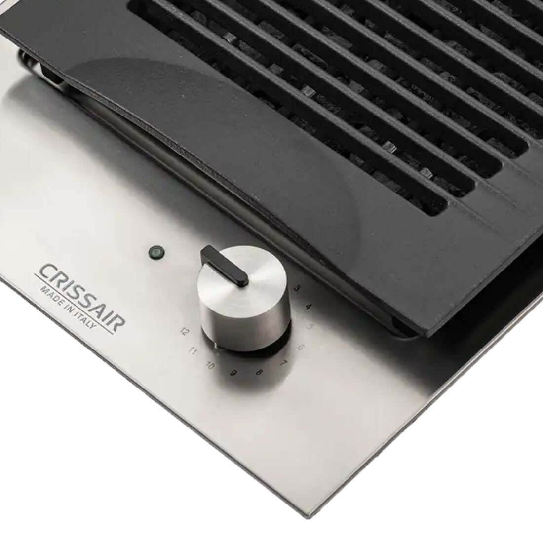 Detalhe do Cooktop Dominó Barbecue CrissAir, grelha e controle em inox para cozinha gourmet.