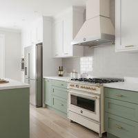 Coifa Bertazzoni Heritage de Parede Marfim 91cm em foto ambientada com Fogão Bertazzoni Heritage Marfim da mesma linha