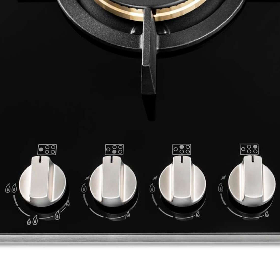 Painel de controle frontal do cooktop a gás com três botões e queimador central.