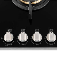 Painel de controle frontal do cooktop a gás com três botões e queimador central.