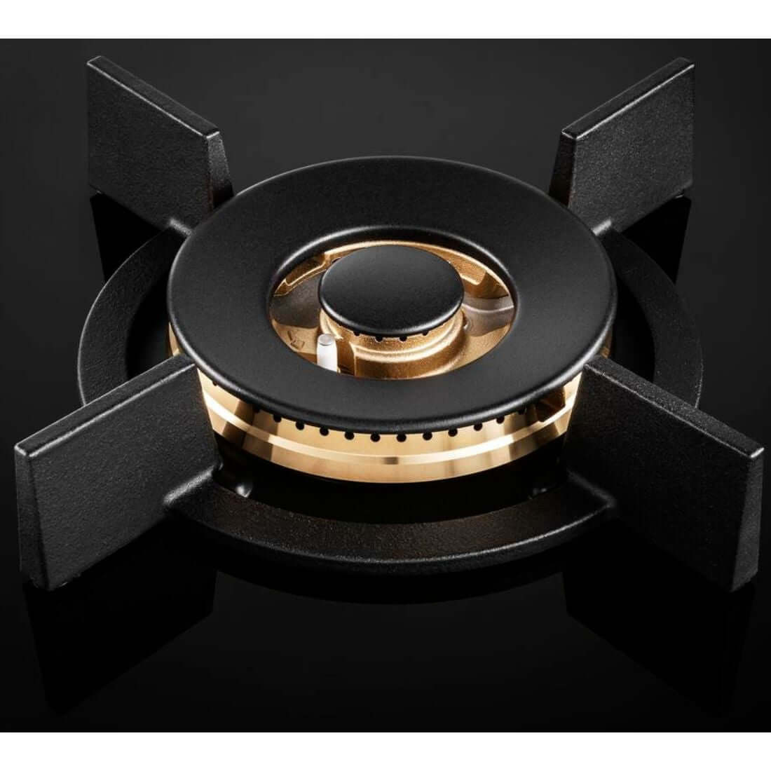 Queimador do cooktop Tecno, com design moderno, em acabamento preto e detalhes em dourado.