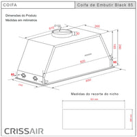 Coifa CrissAir de Embutir no Móvel Black 85cm - dimensões, esquema técnico e medidas em milímetros.
