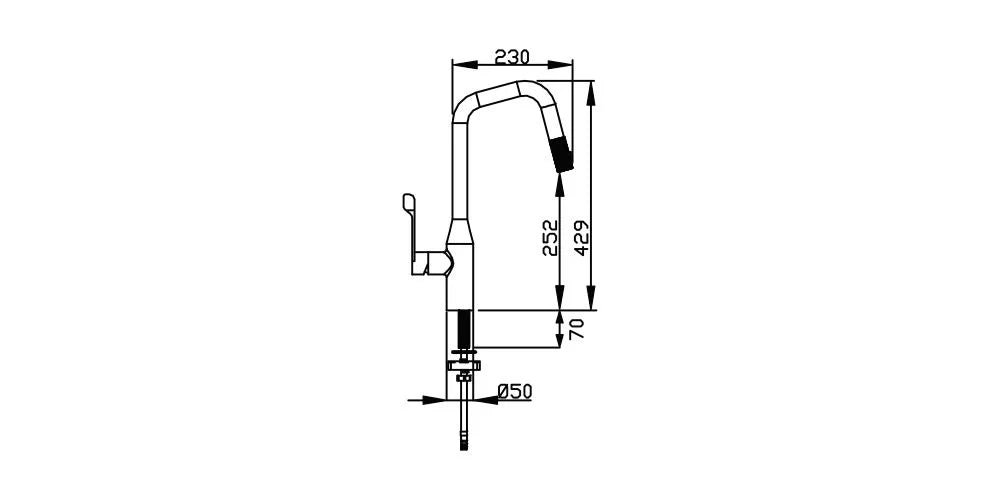 Misturador Monocomando Debacco 700 para Cozinha Grey - Desenho técnico com dimensões detalhadas.