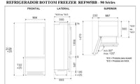 Desenho técnico do Refrigerador Bottom Freezer REF905BB com dimensões em centímetros e especificações.