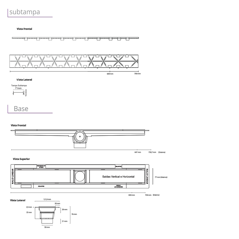 Ralo Linear Smart Tampa Oculto 60cm base PVC saída central