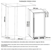 Desenho técnico da instalação do módulo único da adega Tecno Professional, dimensões e orientações para embutir.