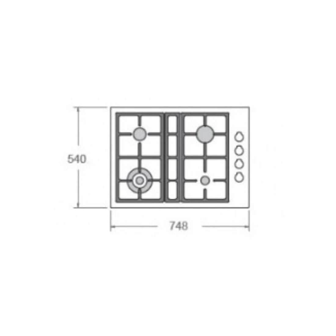 Desenho técnico do cooktop Bertazzoni Profissional a gás 4 bocas 75cm, com dimensões e layout dos queimadores.