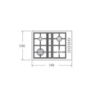 Desenho técnico do cooktop Bertazzoni Profissional a gás 4 bocas 75cm, com dimensões e layout dos queimadores.