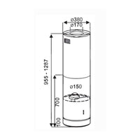 Coifa Evol de Ilha cilindrica inox 38cm com medidas tecnicas e LED, dimensões Ø380 Ø170 altura 955-1287mm