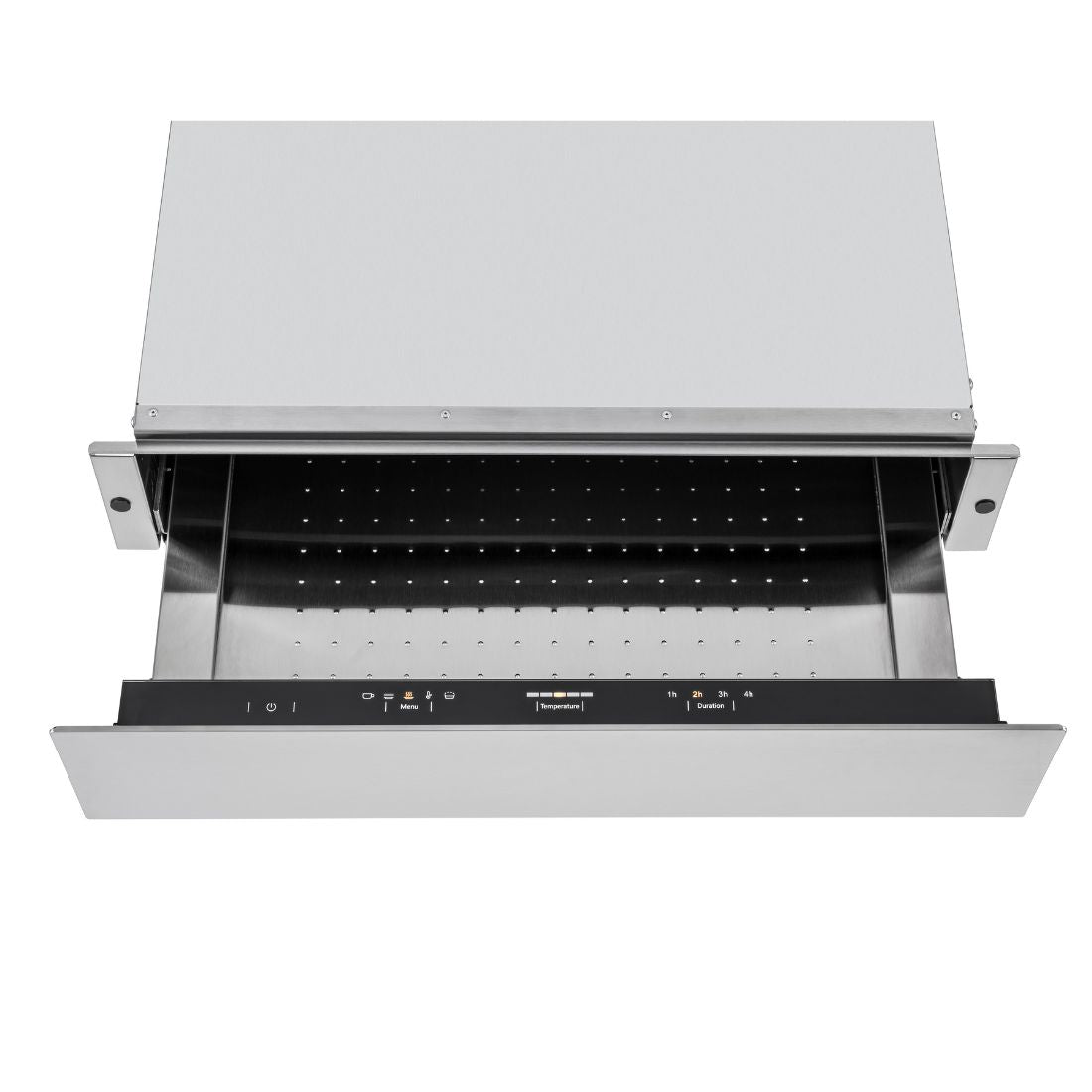 Gaveta Aquecida Tecno Original Inox 60cm com interior de aço inox e painel de controle interno.