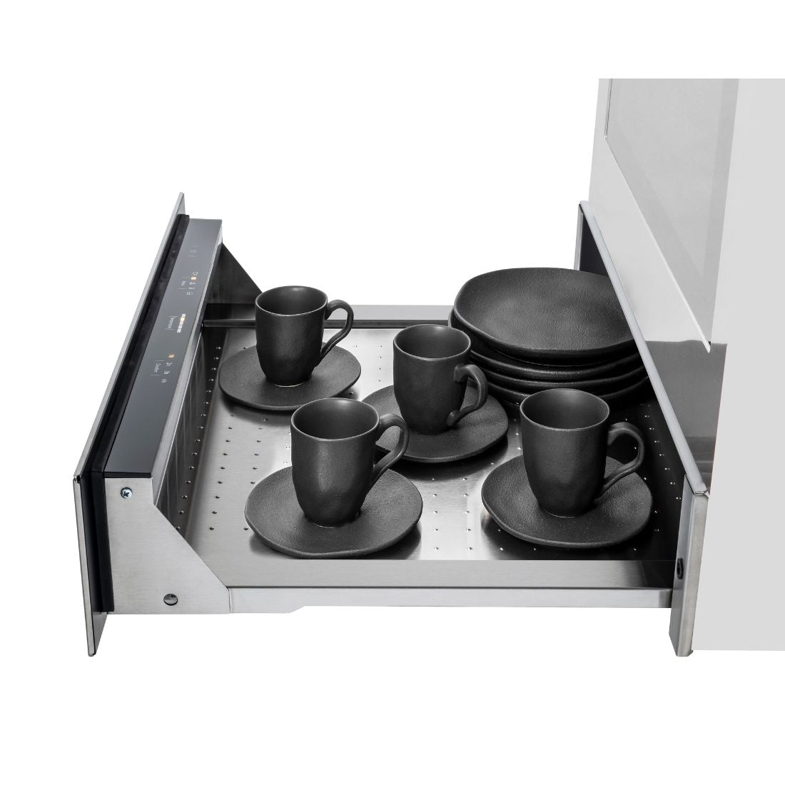 Gaveta Aquecida Tecno Original Inox 60cm com pratos e xícaras pretas organizados.