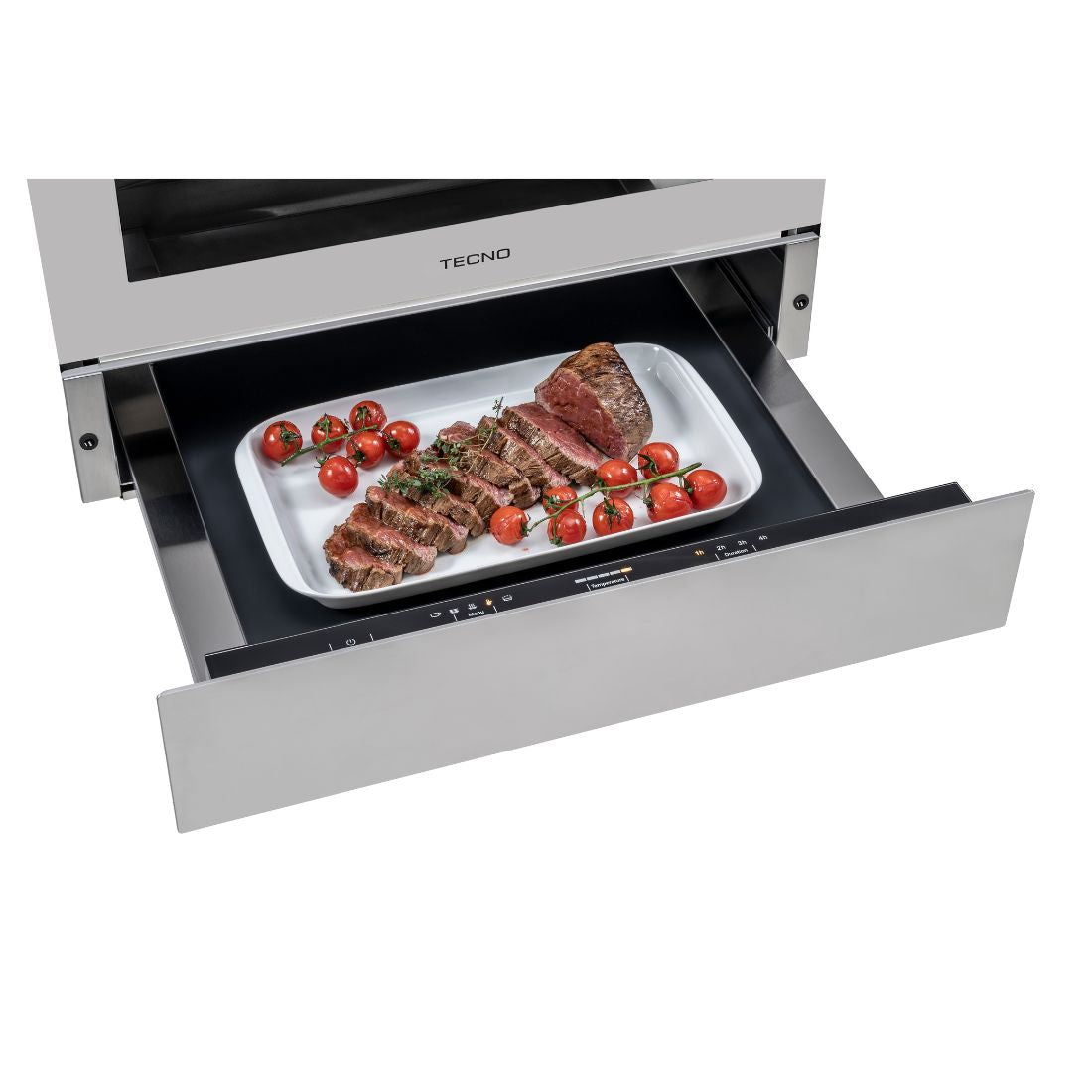 Gaveta Aquecida Tecno Original Inox 60cm com prato de carne grelhada e tomates cereja.