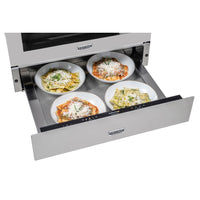 Gaveta Aquecida Tecno Professional Inox 60cm com pratos de comida aquecidos em seu interior.