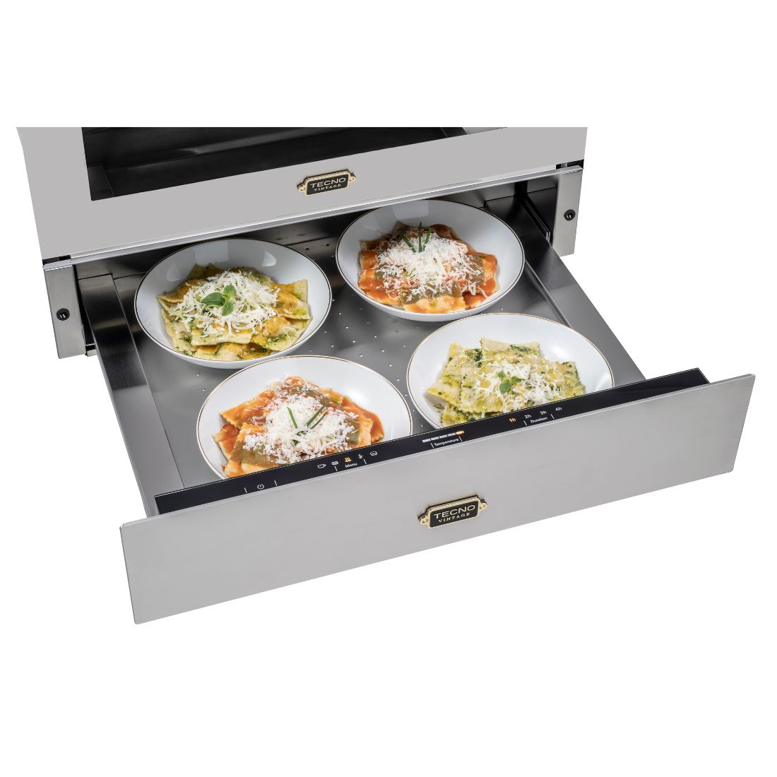 Gaveta Aquecida Tecno Vintage Inox 60cm com pratos de massa aquecidos, interior em aço inox 304 escovado.