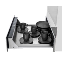 Gaveta Aquecida Tecno Vintage Inox 60cm com pratos e xícaras pretas organizadas.