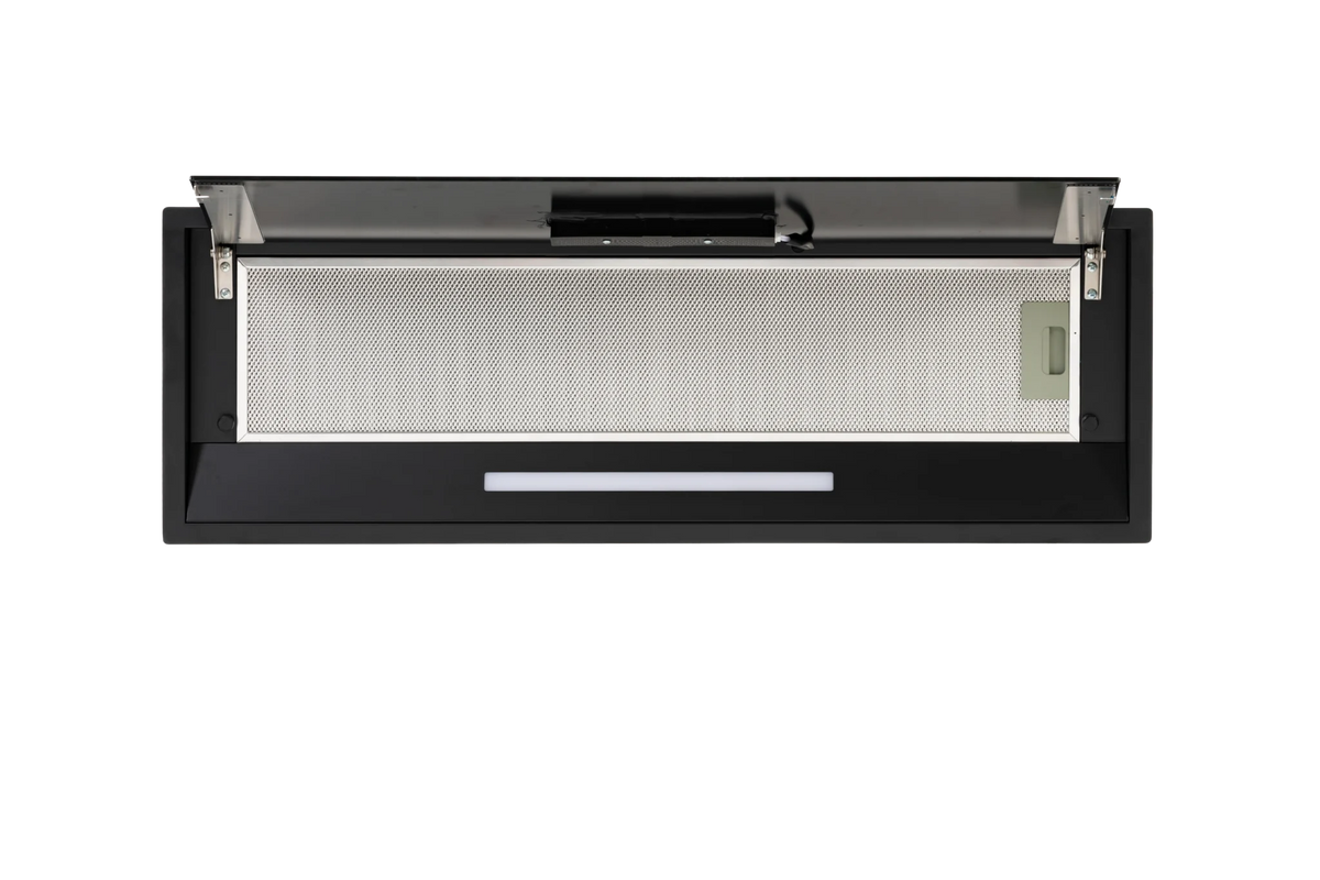Coifa CrissAir de Embutir no Móvel Black 85cm com acabamento em aço inox e vidro preto.