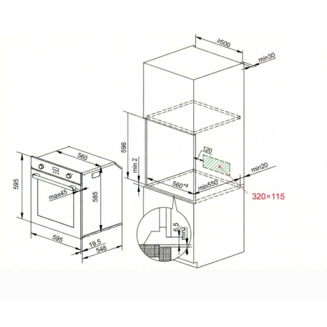 Forno Evol Elétrico C13 74 Litros inox 60cm desenho técnico com medidas de embutir e recorte 320x115