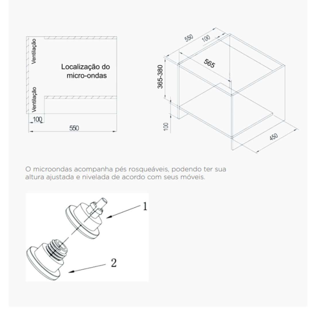 Micro-ondas Evol C13 25 Litros inox embutir - diagrama de instalação e medidas 565x365-380mm com pés rosqueáveis