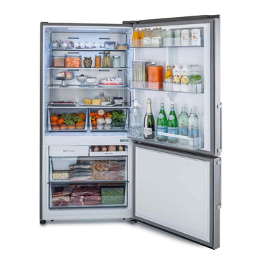 Bertazzoni Professional Bottom Freezer Refrigerator with spacious shelves and drawers, showcasing fresh food and drinks.
