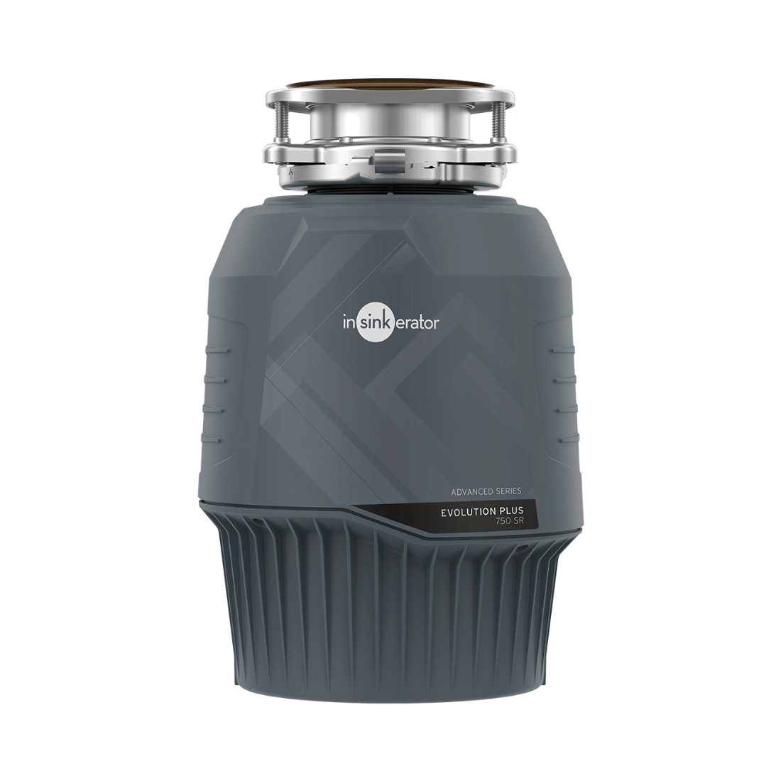 Triturador de Alimentos InSink Erator Plus 750 SR em acabamento cinza, vista frontal do corpo do triturador