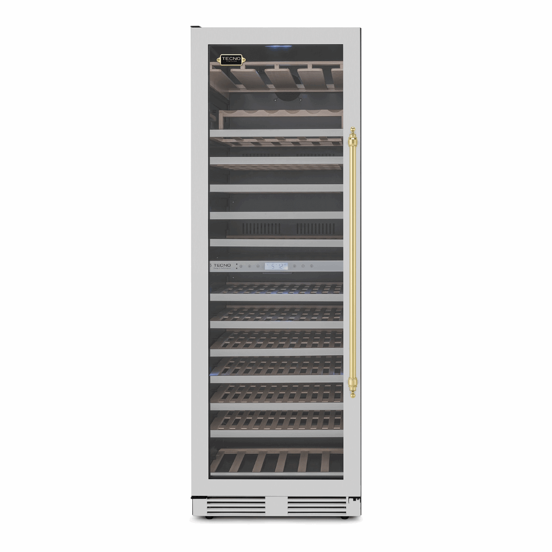 Adega Tecno Vintage 151 Garrafas Inox 60cm - Abertura Esquerda adega climatizada inox 151 garrafas, porta de vidro e prateleiras em madeira