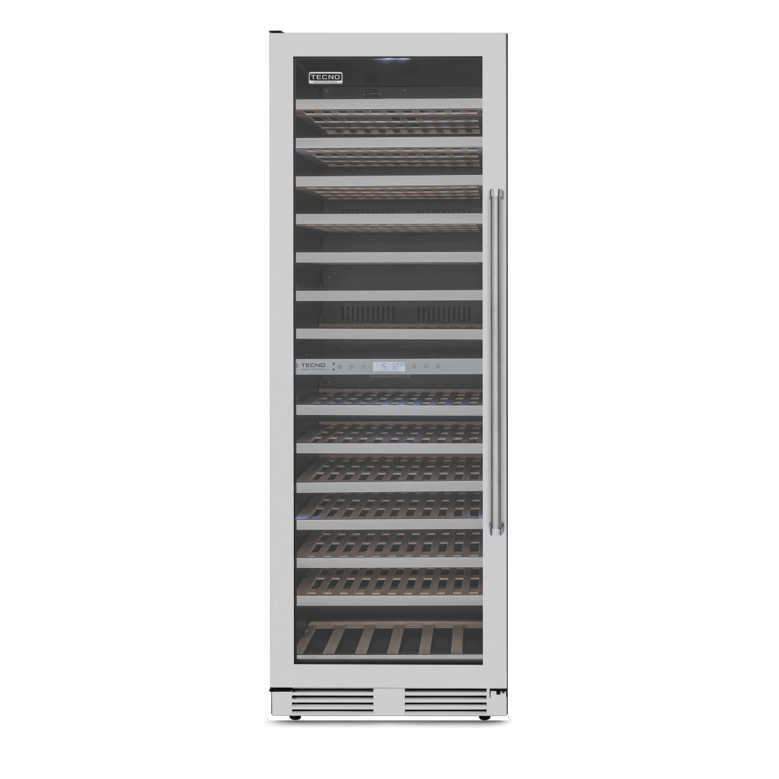 Adega Tecno Professional 151 Garrafas Inox 60cm - Abertura Esquerda: adega climatizada inox 151 garrafas com porta de vidro e prateleiras de madeira