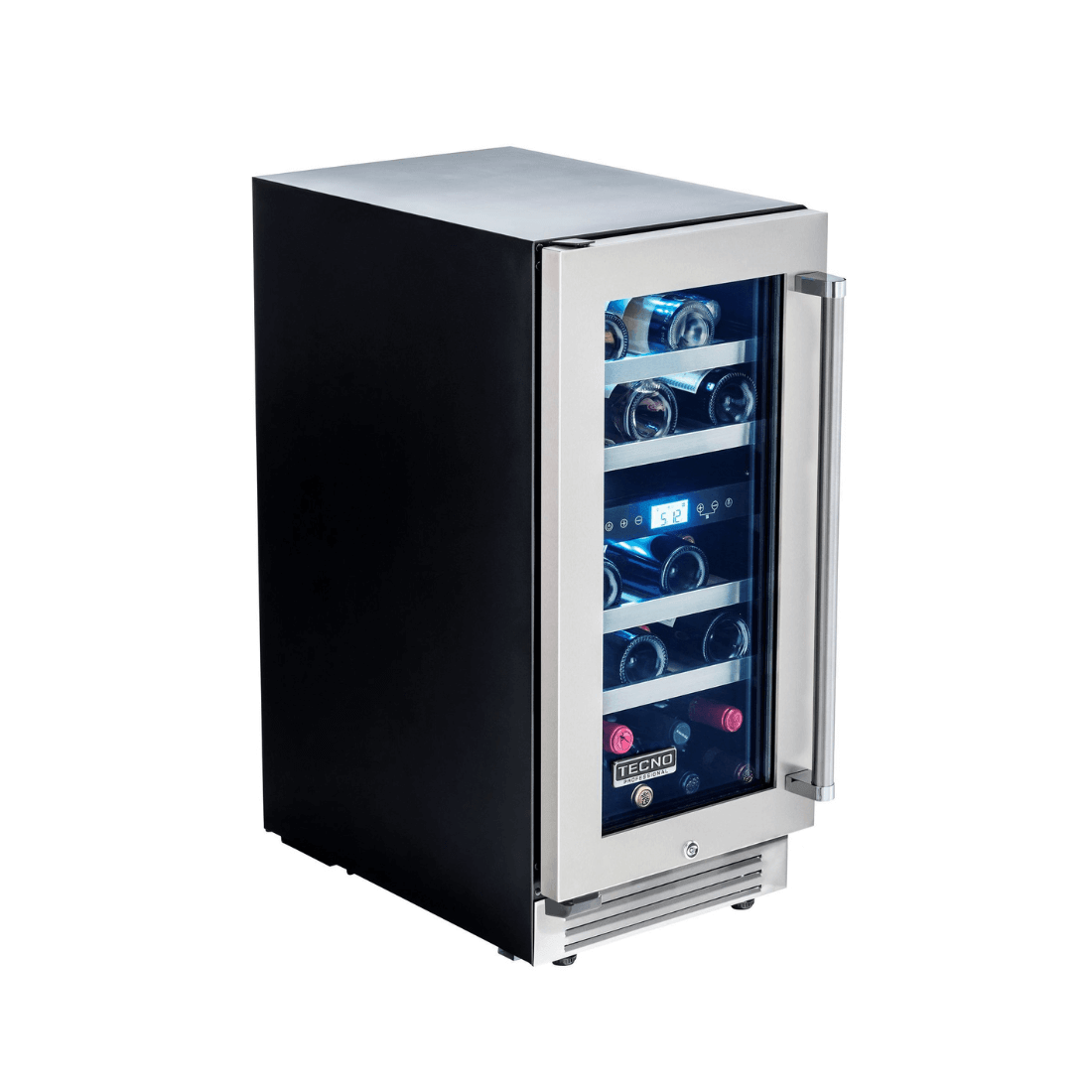 Adega Tecno Professional 23 Garrafas inox 38cm com abertura direita, porta de vidro e prateleiras internas para vinhos