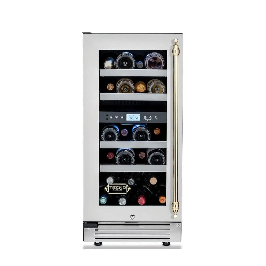 Adega Tecno Vintage 23 Garrafas Inox 38cm - Abertura Esquerda: adega climatizada inox 23 garrafas com porta de vidro, puxador dourado e prateleiras visíveis