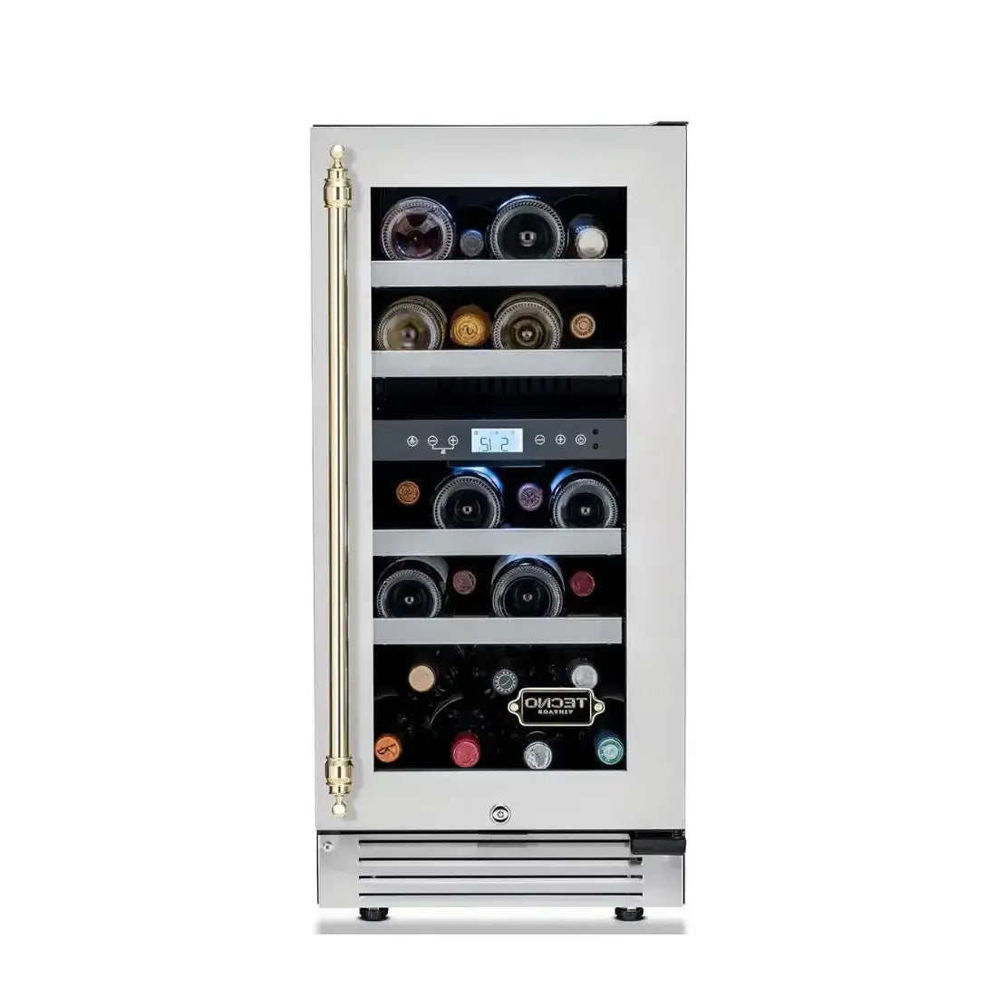 Alt Tag: Adega Tecno Vintage 23 Garrafas em inox com abertura direita, prateleiras e painel digital para vinho