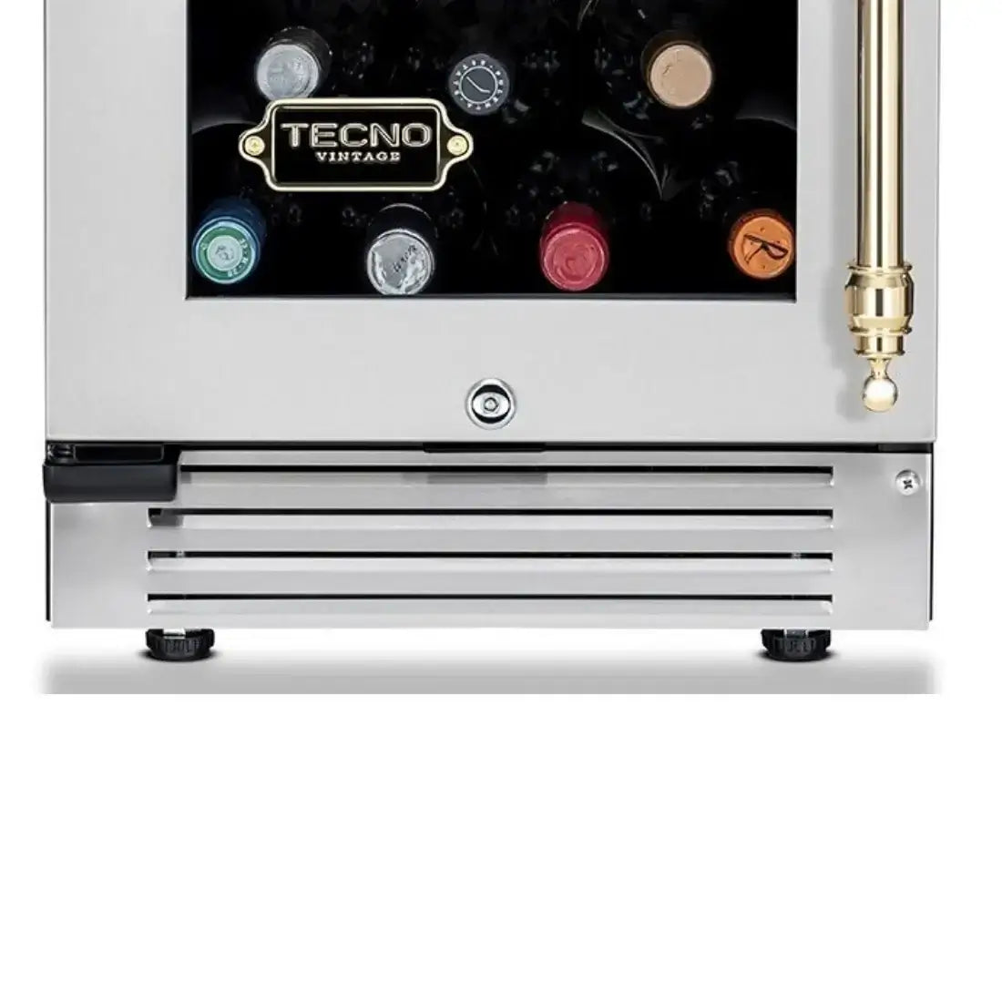 Alt Tag: Adega Tecno Vintage 23 Garrafas em inox com abertura direita mostrando garrafas e detalhe da grade frontal