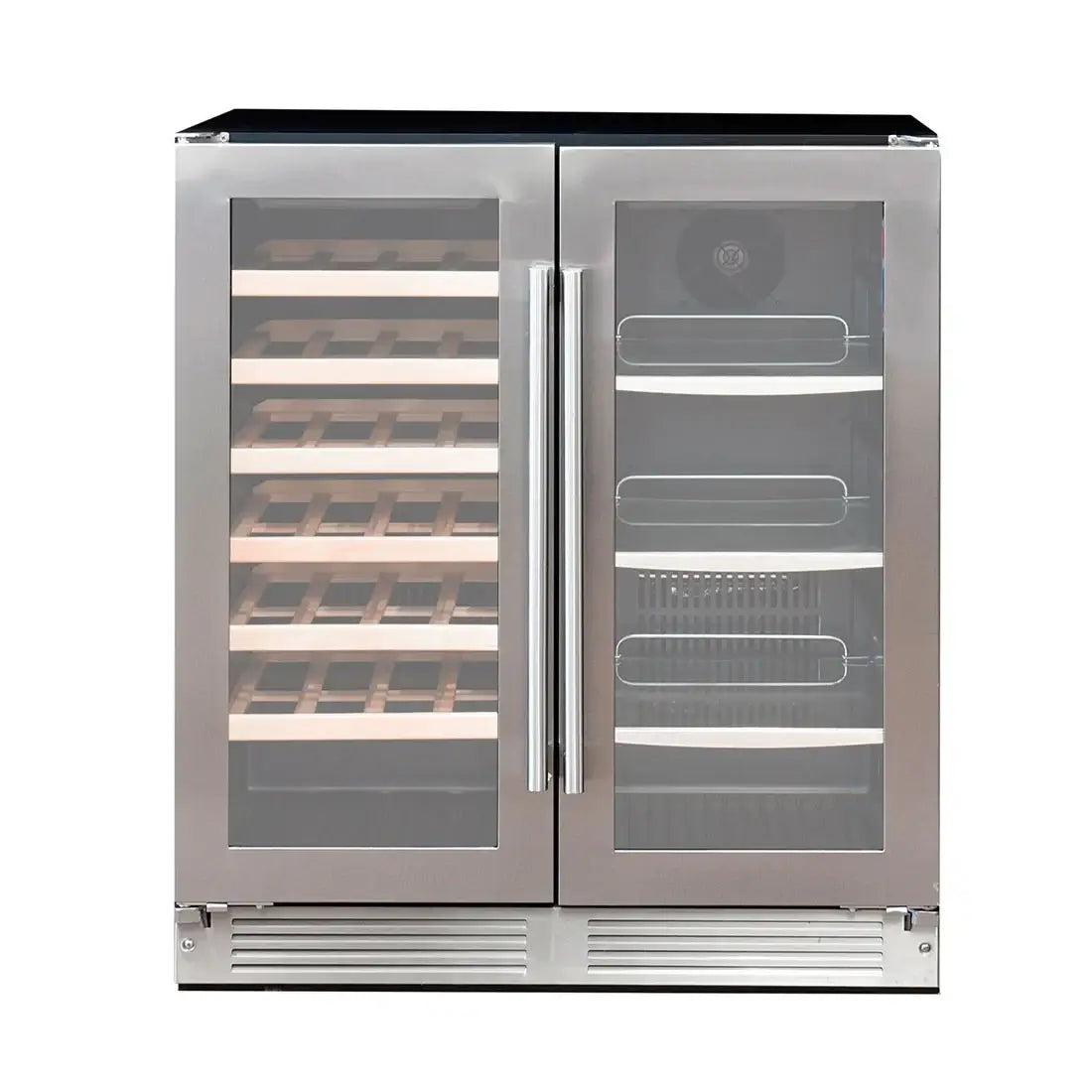 Adega e Cervejeira Cuisinart Arkton Inox 75cm: adega de embutir dual zone com acabamento inox, portas de vidro e prateleiras para garrafas