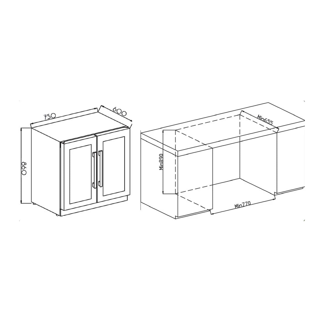 Adega e Cervejeira Cuisinart Arkton Inox 75cm adega de embutir inox 75cm desenho técnico com medidas e portas duplas