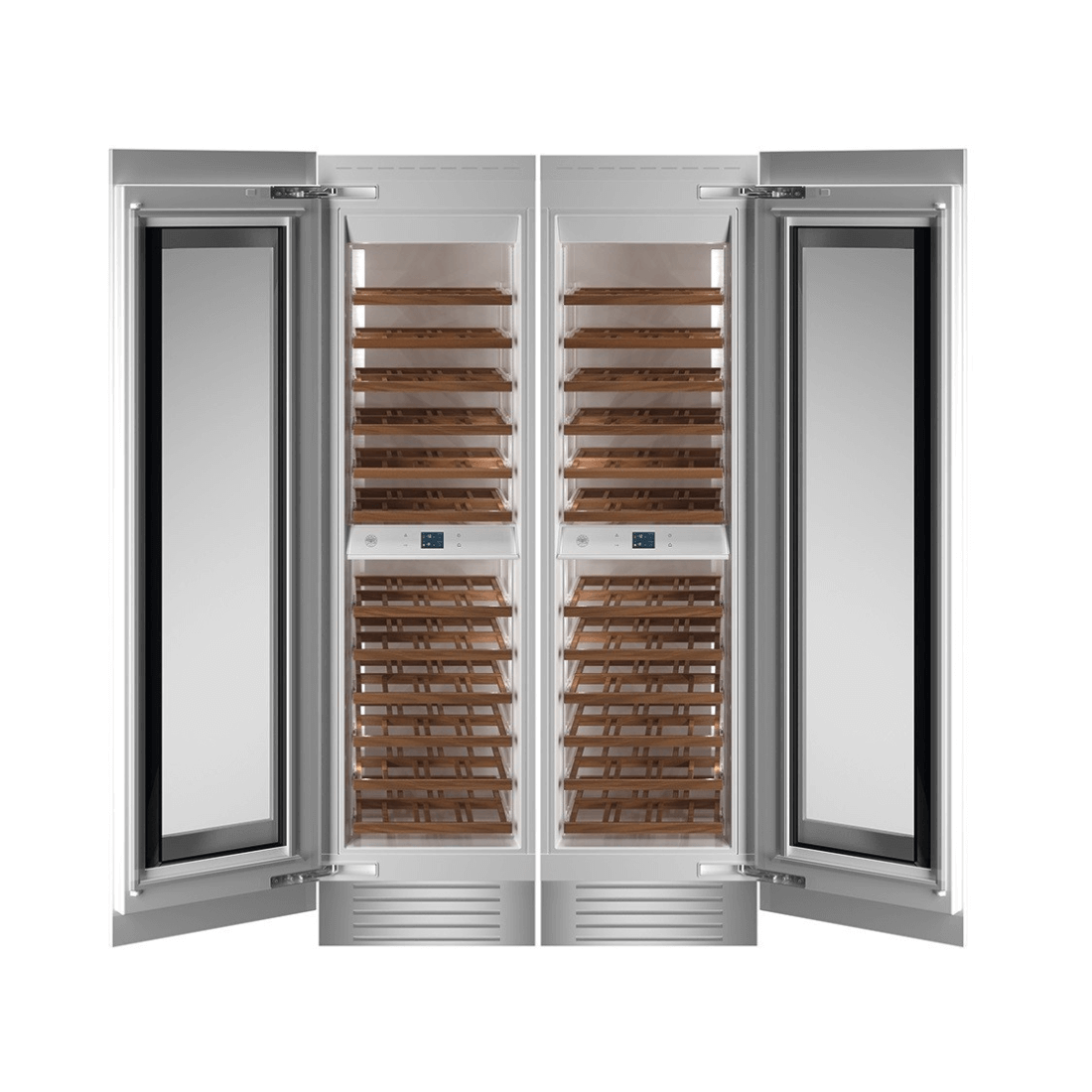 Adega Bertazzoni Porta de Revestir 80 Garrafas 60cm- Abertura Esquerda: adega de embutir dupla inox com prateleiras de madeira e portas de vidro